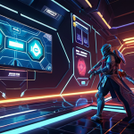 **NFT Game Asset Showcase:** A vibrant display of tokenized in-game assets (weapons, armor, virtual land) as NFTs. The assets should be diverse and stylized, showcased on a futuristic blockchain interface. Include subtle blockchain visual elements (interconnected nodes, glowing lines) in the background. Focus on the concept of digital ownership and trading within a game environment, reflecting Malaysian game culture.