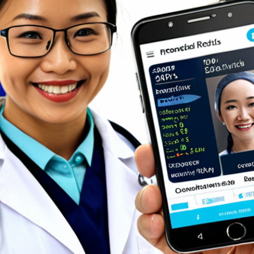 **

A secure digital ledger on a smartphone displaying encrypted medical records. A doctor is accessing the information while a patient smiles confidently. The background shows a modern clinic with the Malaysian flag subtly displayed. Focus on the security and accessibility aspects of blockchain technology in healthcare.

**