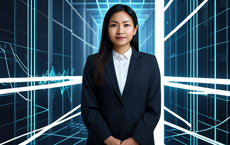 A diverse Malaysian female professional, fully clothed in modest business attire, stands confidently in a conceptual, split digital landscape. One side depicts the complexities of traditional copyright, with abstract, tangled lines and blurred, uncertain forms. The other side showcases the clarity and security of blockchain, featuring clean, glowing digital ledger lines and interconnected nodes. The background combines modern office architecture with futuristic data streams. Professional photography, high resolution, soft studio lighting, fully clothed, modest clothing, appropriate attire, professional dress, safe for work, appropriate content, perfect anatomy, correct proportions, natural pose, well-formed hands, proper finger count, natural body proportions, family-friendly.